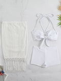 Pure White Mesh Hollow Timeter Strap Bikini Half-Body Skirt Three-Piece Set 2025 New Split