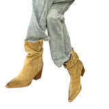 New Brown Western Cowboy Boots Women's Velvet Face Thin Folding Pile Boots V Mouth Thick And Medium Cylinder Short