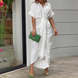 Women's Summer Tidling With Short Sleeve Single Buckle Solid Color Shirt Dress