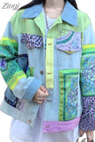 Patchwork Print Denim Jacket Women Modis Coat Tops For Womens Clothing Casual Harajuku Ladies Coats Woman Fashion