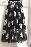 Women Summer Floral Print Chiffon Girls Spring Korean A-Line High Waist Ladies Elegant Office Holiday Midi