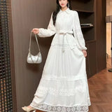Retro Elegant Lace Splicing Strap To The Waist Lantern Sleeve Dress Female Thin Temperament Court Style