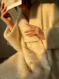 Winter Long Vintage White Thick Warm Fluffy Wool Blends Coat Women Double Breasted Elegant Luxury Designer Clothes