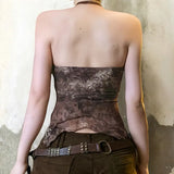 Girl Style Retro Print Bead Hanging Neck Sling Summer Mesh Spliced Ancient Collar Vest Blouse Female