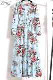 Women Elegant Floral Printed Long Dresses Spring Summer Casual O Neck Long Sleeve Ladies Chic High Waist A Line Beach