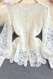 Vintage Red/White/Pink Hollow Out Lace Blouse Women Elegant Lantern Long Sleeve Single Breasted Tops Female Blusas