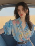 Spring And Summer New Small Shirt French Single Special Top Design Small Smell Blue Printed