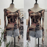 Shooting Strapped With Hollow Retro Print Long-Sleeved Mesh T-Shirt Ribbon Design Spring And Summer Top
