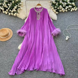 Elegant Dress Women's Autumn 2025 New Heavy Industry Diamond-Strowing Round Collar Loose Hair Splicing 100-Folded Long
