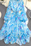 Autumn Women Floral Irregular Ruffle Long Dress Bohemian Pink/Blue/Purple Stand Collar Puff Sleeve High Waist