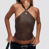 Culture Leather Splicing Vest Ancient Early Do Old Sexy Bare Back Belt Belt Short Hanging Neck Sling