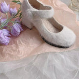 Autumn And Winter New Mink Hair And Velvet Mary Jane High Heels Round Head Thick Heel Simple Lamb Wool Shoes Middle