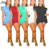 Women's 2 Piece Feather Tassel Matching Biker Suit T- Shirt + Pants Fitness Sportsuit Streetwear Clothes For Women