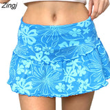 Women's Summer Ruffles A-Line Mini Skirt Y2K Style High Waist Floral Print Frill Trim Above Knee Short Skirt