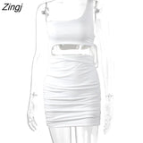 Women Bodycon Sundress Solid Color One Shoulder Sleeveless Hollow Out Drawstring Summer Mini Dress