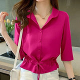 Women Solid Turn-down Collar Half Sleeve Chiffon Shirt Fashion Casual Shirring Single-breasted Blouses Female