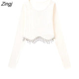 Women Fashion O Neck Black White Color Knitting Short Blouse Female Hem Diamond Tassel Slim Shirt Chic Blusas Tops