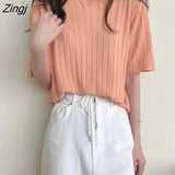 Women T-shirts Summer Knitted Slim Sweet All-match Candy Colors Fashion Korean Style Folds Simple Solid Comfort Leisure