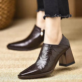 Brown 2025 New Spring And Autumn Square Wood Grain Thick Heel Deep Mouth Single Shoes Women's Side Zipper Work High