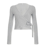 Casual Wind And Velvet Knit Two Sets Of Sexy V-Neck Tied T-Shirt Loose Waist Loose