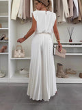 Women's Fashion Set Round-Neck Sleeveless Top 100-Fold Broad Leg Trousers Two-Set Casual