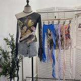 One-Shoulder Horn Long-Sleeved Mesh Yarn-Print T-Shirt With Short Tight Top