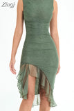 Elegant Sexy Mesh Bodycon Dress Green Ruched Ruffle Night Holiday Party Dresses For Women 2023 Split Summer