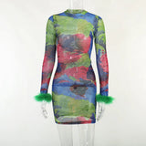 Sexy Women Long Sleeve Party Club Bodycon Mesh See Through Short Mini Dress 2023 Spring Summer